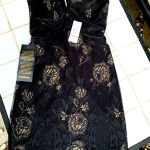 bebe black and gold grayson laced mini dress